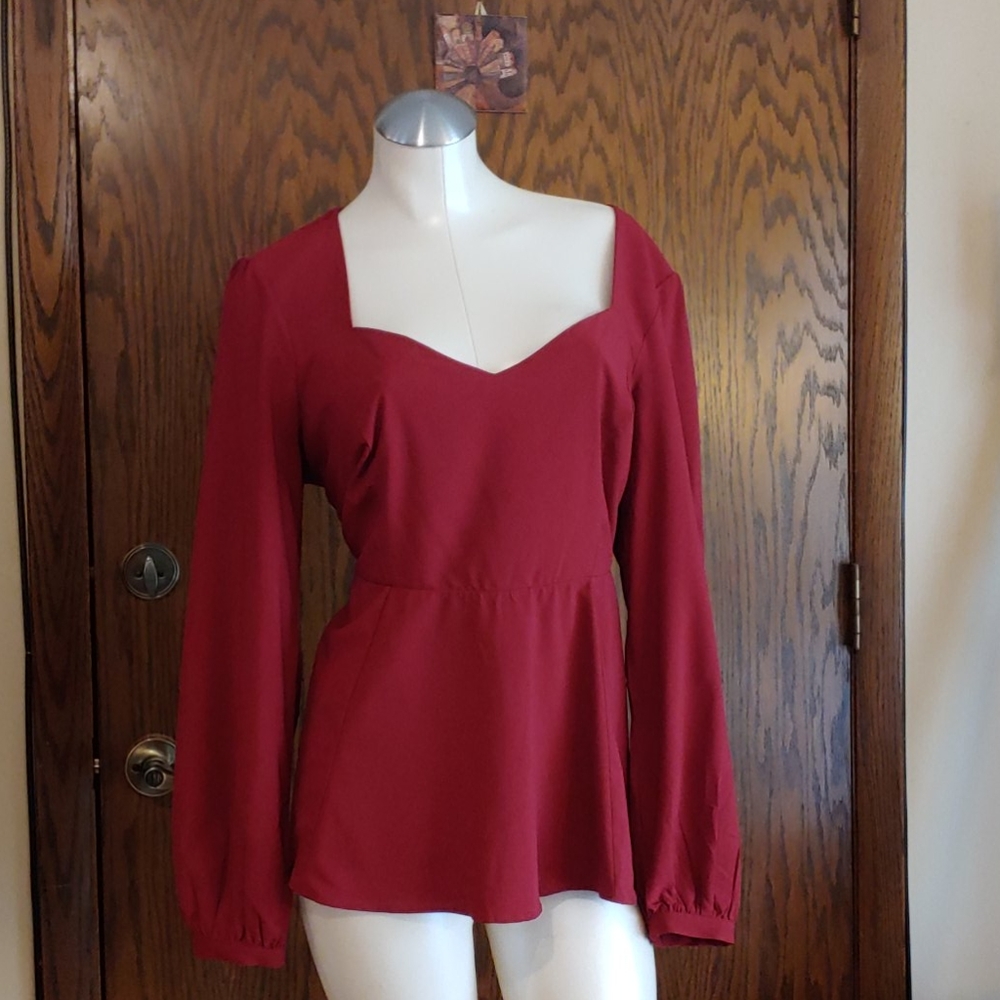 TORRID DARK RED CREPE LONG SLEEVE PEPLUM BLOUSE